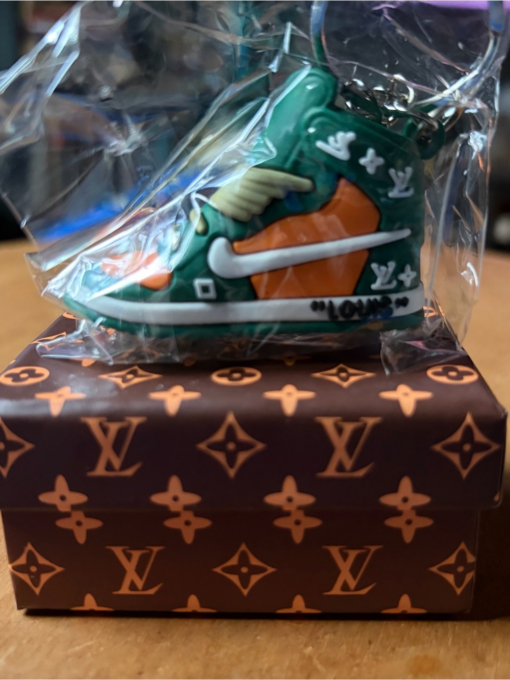 Nike Louis Vuitton Colab Green and Orange Sneaker Keychain with Hard Box
